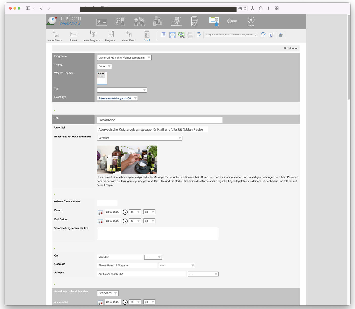 Bild: IruCom WebCMS  Eventmanagement Modul 2022: Screen Edit view
